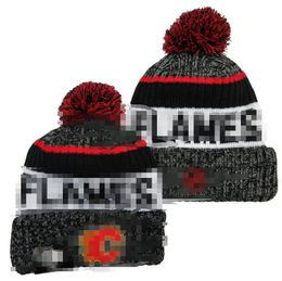 Flames Beanies Cap Wool Warm Sport Knit Hat Hockey North American Team Striped Sideline USA College Cuffed Pom Hats Men Women a0