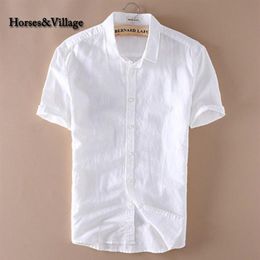 2020 Summer Men 4XL Casual Shirts Solid White Short Sleeve Cotton Linen Dress Shirts Camisa Masculina2953