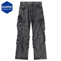 Mens Jeans Men Vintage Black Cargo Pleated Patchwork Loose Straight Denim Pants Streetwear Retro Man Trousers 230915