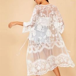 Women's Blouses Sexy Women Beach Long Blouse Floral Sheer Lace Summer Cardigan Kimono Kaftan White Maxi Wrap Top