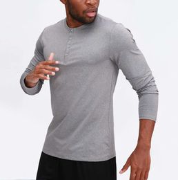 2024 lu Men Yoga Outfit Sports Long Sleeve T-shirt Mens Sport Style Collar button Shirt Training Fitness Clothes Elastic Quick Dry Wear
