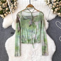 Women's Blouses Women Chic Tie Dye Mesh Top Slim Basic Sexy Korean T-shirt Fashion Diagonal Collar Long Sleeve Summer Chiffon Shirt