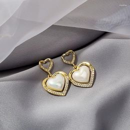 Dangle Earrings Luxurious Delicate Women's Dazzling Golden Three Dimensional Double Deck Heart Shape Pearl Inlaid Brick Stone Jewellery