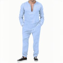 Men's Tracksuits Fashion Casual Solid Color V Neck Long Sleeve T Shirt And Loose Tracksuit 2 Piece Set Mens Tuxedo Suit