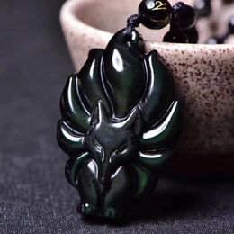 natural rainbow eye obsidian ninetailed fox pendant female male vintage crystal jewelry2388