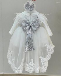 Girl Dresses White High-low Flower For Wedding Tiered Lace Tulle With Sequins Bow Long Sleeve Ball Gown First Communion Wear