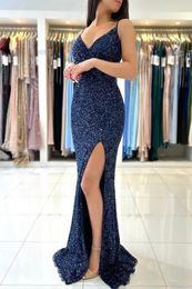 Party Dresses Bling Sparkly Navy Blue Evening 2023 Sequined Mermaid Long Slim Sexy Slit Spaghetti Strap Sleeveless Prom Gowns