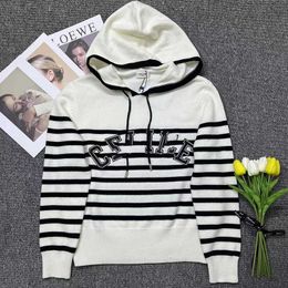 Women's Sweaters 2023 Early Spring New Product Age Reducing Style Contrast Stripes Loose Relaxed Slim Hooded Embroidered Knitted Top for Women