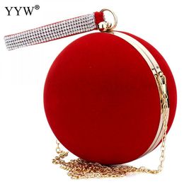 Evening Bags Unique Velvet IronOn Lady Handbag Red Shoulder Bag Spherical Small Clutch Purse Chain Wallet Bolsos Mujer 230915