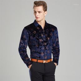 Men's Casual Shirts Winter Thick Shirt Mens Velvet Dress Formal Pattern Black Blue Silk Business Size M-3XL12886