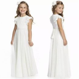 Cute Ivory Crew Neck Chiffon Long Flower Girls Dresses Floor Length Zipper Back Pleats First Communion Kid Formal Wear Birthday Go227P