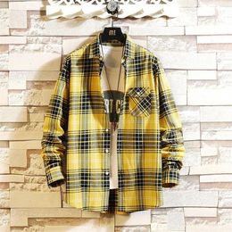 #0127 Men Shirt Slim Fit Plus Size 4XL 5XL Casual Shirt Men Long Sleeve Yellow Red Plaid Shirts For Mens Fashion Lapel Collar1318g