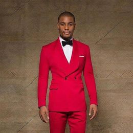 Double Breasted Rose Red Groom Tuxedos Mens Coat Trousers Set Man Work Suit Prom Dress Jacket Pants Tie W1236272C