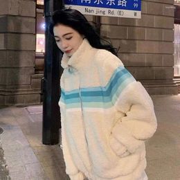 Women's Down Plush Jacket Women Color Matching Thickened Imitation Lamb Wild Winter 2023 Korean Loose Stitching Street Woman Clothes
