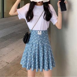 New style women's fashion short sleeve rhinestone t-shirt and high waist a-line moon print denim jeans pleated short skirt tw258r