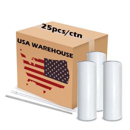 25pc/Carton Wholesale USA Warehouse 20oz sublimation blanks tumbler straight double wall stainless steel car mugs with plasitc straw and lid 916