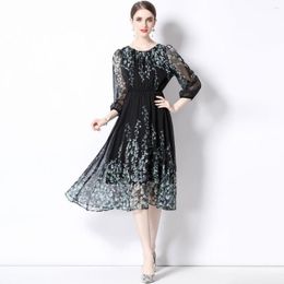 Casual Dresses 2023 Designer Runway Green Floral Print O-Neck Lantern Sleeve Flowy Long Chiffon For Party Night Robe Vestidos T2023