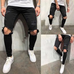 High Streetwear Men Knee with Holes Decor Black Jeans with Zipper Slim Fit Elasticity Skinny Ripped Pants Forward Men's Jeans221Z