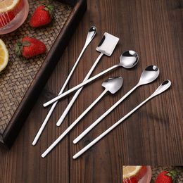 Spoons Head Shovel Long Handle Spoon Shiny Stainless Steel Home Kitchen Dining Flatware Noodles Ice Cream Dessert Cutlery Tool Drop De Dhqmn