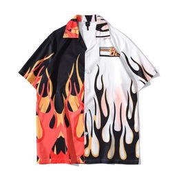 Men's Casual Shirts Summer Mens Vintage Black White Patchwork Shirt Man Flame Printed Hawaiian Beach Harajuku Oversized Male 265R