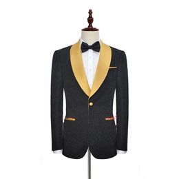 Black With Gold Trim Fashion Mens Tuxedos For Prom Wedding Evening Party Blazer Pants Custom Made290Q
