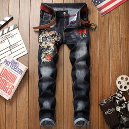 2019 Brand jeans men straight cotton ripped distressed 3d Dragon Embroidery black denim trousers plus size 29-38 homme jeans2921