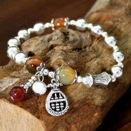 Charm Bracelets Natural Agate Bracelet Vintage Ethnic Style Silver Plated Beads Cute Elastic For Women & Teen Girls