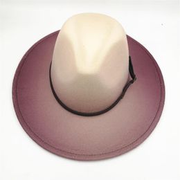 New Women Men Wool Fedora Hat With Leather Ribbon Gentleman Elegant Lady Winter Autumn Gradient Colour Jazz Church Panama Hat238x