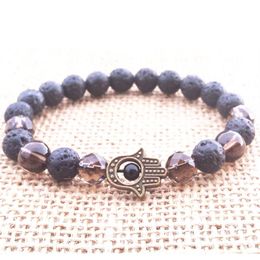 MG0759 Hamsa Lava Stone Smoky Quartz Bracelet Fatima's Hand Bracelet Spiritual Healing Root Chakra Wrist Mala Yoga Jewelry242c