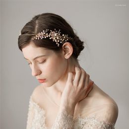 Hair Clips Bridal Crown Gold Colour Floral Pearls Wedding Tiara Headband Handmade Women Prom Jewellery Accessories