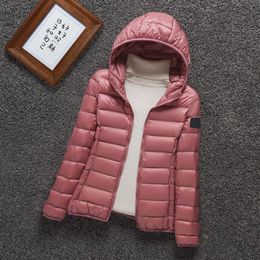 Casual light coat down jacket women simple short hooded 2023 new fashion stand collar lightweight slim large size stone coat302l