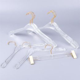 10 Pcs Top Grade Clear Acrylic Crystal Clothes Suits Hanger with Gold Hook Transparent Acrylic Pants Hangers with Gold Clips 20122060