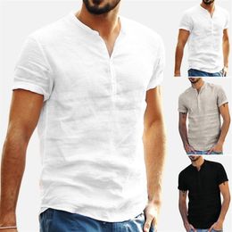Summer White Cotton Linen Shirts Men Short Sleeve Mens Henley Shirt Chemise Homme Thin Breathable Camisas Hombre for Men XXXL293B