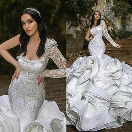 2021 luxo babados sereia vestidos de casamento plus size um ombro capela trem lindo vestidos de noiva nigeriano casamento árabe dre236j