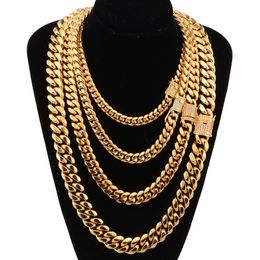 8-18mm wide Stainless Steel Cuban Miami Chains Necklaces CZ Zircon Box Lock Big Heavy Gold Chain for Men Hip Hop Rock jewelry280U