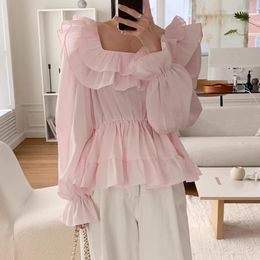 Women's Blouses Neploe Autumn Sweet Temperament Square Neck Blouse Panel Double Ruffle Pleated Shirt Fashion Solid Colour Long Sleeves Women