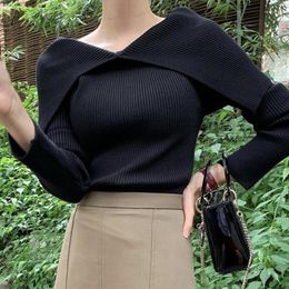 Women's Sweaters WDMSNA Solid Colour Long Sleeve Pullover Korean Chic Autumn Vintage Knitted Sweater Women Large Lapel Pit Strip Sueters