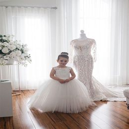 Cute White Lace Little Kids Flower Girl Dresses Princess Jewel Neck Tulle Applique Puffy Floral Formal Wears Party Communion Pagea300H