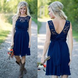 Country Style Royal Blue Chiffon Lace Short Bridesmaid Dresses For Weddings Cheap Jewel Backless Knee Length Casual Gowns217A