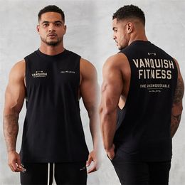 Men's Tank Tops Wide shoulder crew neck sleeveless top Cotton printed letter fashion men's vest summer fitness workout sportswear 230915