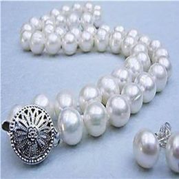 Details about 8-9MM Real Natural White Akoya Cultured Pearl necklace earring set 18 3469