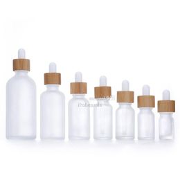 Frosted White Glass Dropper Bottle 10ml 15ml 20ml 30ml 50ml With Bamboo Cap 1oz Wooden Essential Oil Bottles Guflc