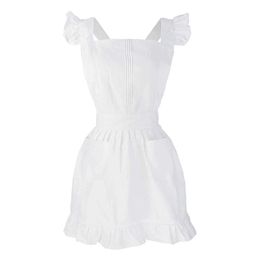 Aprons W0YF Ruffles Outline Retro White Apron With Pockets Adjustable Victorian Maid Bib274J