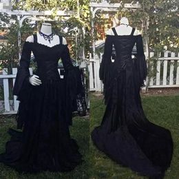 Vintage Black Gothic Lace Wedding Dresses A Line Mediaeval Off the Shoulder Straps Long Sleeves Corset Bridal Gowns Victorian Dress2011