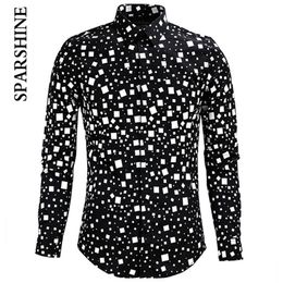 Men Shirt Chemise Homme Black White Square Printed Slim Long Sleeve Mens Dress Shirts Cotton Shirt Camisa235h