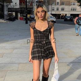 Urban Sexy Dresses Casual Dresses Y2K Vintage Lattice Pattern A-Line Mini Dress Lady Korean Style Streetwear Summer Bodycon Short Sleeve For Women 2023 x0916