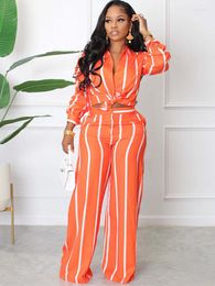 Women's Two Piece Pants Elegant Work Wear Set For Women Matching Sets Striped Print Shirt Top And Wide Leg Office Lady Casual Outfits