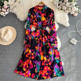 Casual Dresses VANOVICH Summer Korean Style Temperament Long Sleeve Polo Collar Waist Slim Single-breasted A-line Printed Dress