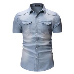 2020 Summer Denim new Shirt Men Cotton Jeans Shirt Fashion Slim Short Sleeve Cowboy Male Army Stylish Tops Asian Size 3XL236Q
