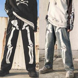 Men Skeleton Printed Jeans Pants Mens High Street Wide Legs Straight Loose Hip Hop Harem Jeans Young Casual Denim Pants Overalls G298P